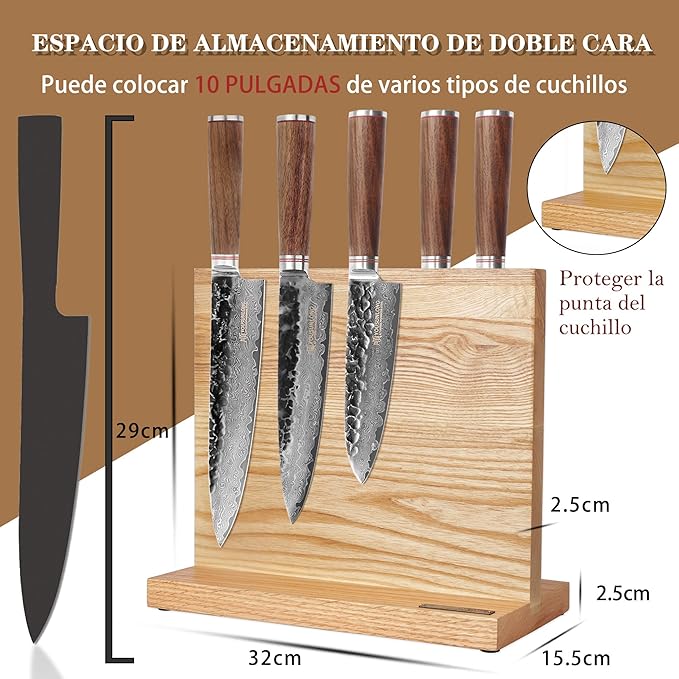 YOUSUNLONG Magnetic Knife Block - Magnetic Knife Holder - Magnetic Knife Stand - Double-sided Super Magnetic with Natural Fraxinus wood - Holds 10“ knives - Space Saver - Large storage knife holder