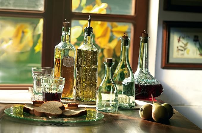 Bormioli Rocco Set Of 2 Country Home Helios Oil Bottle, 8-ounce With All Natural Cork Lid, Blue-green Tinted Star Glass, Elegant And Floral Design Made In Italy.