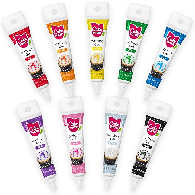 Cake Mate 9-Pack Edible Cake Writing Gels for Cake and Cookie Christmas Decorating - Easy Squeeze Gel in Vibrant Colors (0.67 oz Each) - Perfect for Cakes, Cupcakes, Cookies, and Brownies