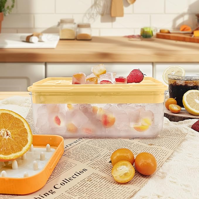 Satax Silicone & Plastic Ice Cube Trays with Lids and Bin - Durable, BPA-Free, Easy Release, Perfect for Cocktails, Coffee & More (2, yellow)