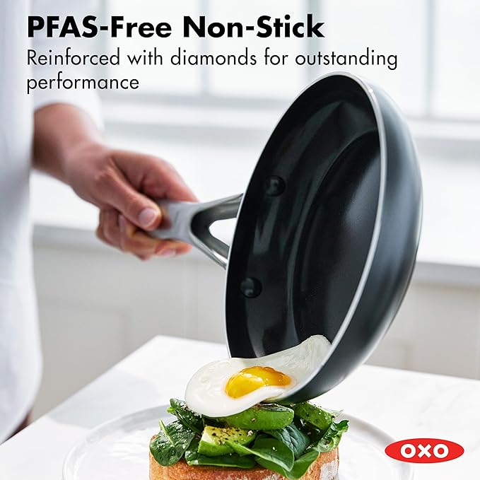 OXO Agility Series 8" Frying Pan Skillet, Ceramic Nonstick Cookware PFAS-Free, Induction Suitable, Quick Even Heating, Stainless Steel Handle, Chip-Free Rims, Dishwasher and Oven Safe, Black