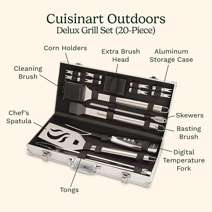 Cuisinart Deluxe Grill Tool Set, 20-Piece Grill Set, BBQ Accessories with Aluminum Case, Stainless Steel Grilling Accessories, Grilling Gifts for Men, for Dad Husband (Pack of 4)