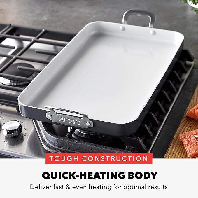 GreenPan x Bobby Flay 18" x 11" Nonstick Double Burner Griddle, PFAS-Free Ceramic Double Stovetop Skillet, Stainless Steel Handles, Dual-Use Cooking, Easy Clean Dishwasher & Oven Safe Pan, Gray