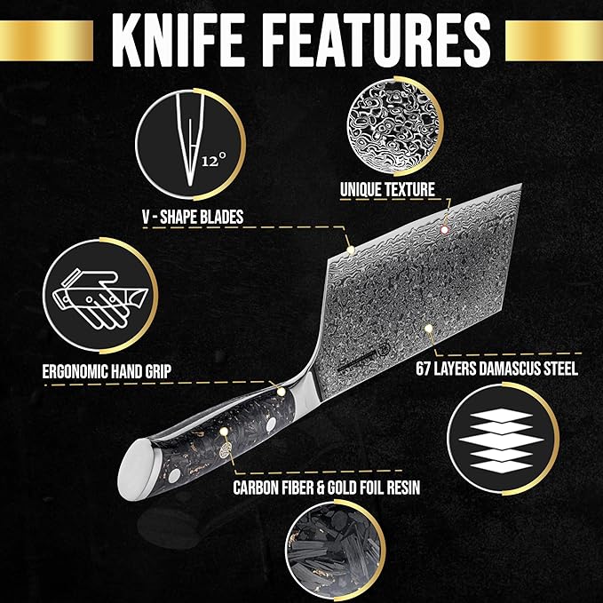 SliceElite Elite Series 7 Inch Meat Cleaver Knife Damascus VG10 Core Forged Carbon Fiber Handle Heavy Duty Chopper Sharp Kitchen Butcher Bone Cutter Vegetable Fruit Chef Tool Dual Protection Gift