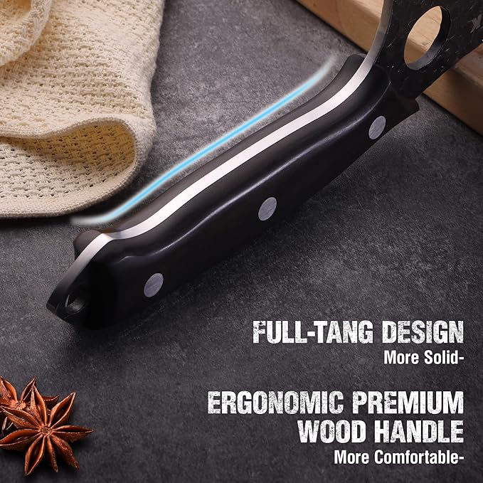 Mossy Oak Meat Cleaver Knife, Butcher Knife with Genuine Leather Sheath, Hand Forged Kitchen Knife Full Tang Handle for Meat and Vegetable Cutting, Outdoor Cooking and Camping