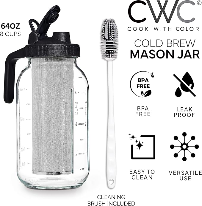 COOK WITH COLOR Cold Brew Coffee Maker - 64oz Mason Jar Pitcher with Stainless Steel Filter, Airtight Glass Jar, Pour Spout Lid & Handle, Ideal for Iced Coffee & Tea, Includes Brush, Black