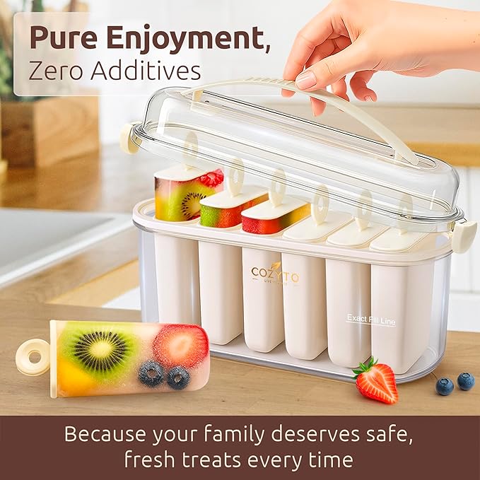 Frozora AquaSix – Premium 6-Mold Popsicle Maker Set (120ml Each) with Anti-Spill Lid, Easy Release Tray & Drip-Free Handles | BPA-Free Ice Pop Molds for Kids & Adults | COZYTO