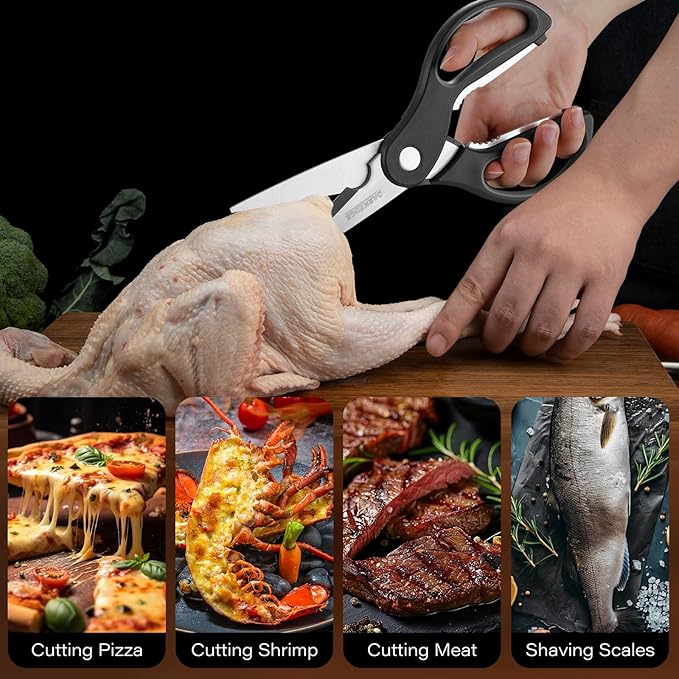 Kitchen Scissors with Magnetic Holder Heavy Duty Magnetic Scissors for Fridge, Kitchen Shears Magnet Sheath Set for Food Meat Pizza Herb Vegetables, Black