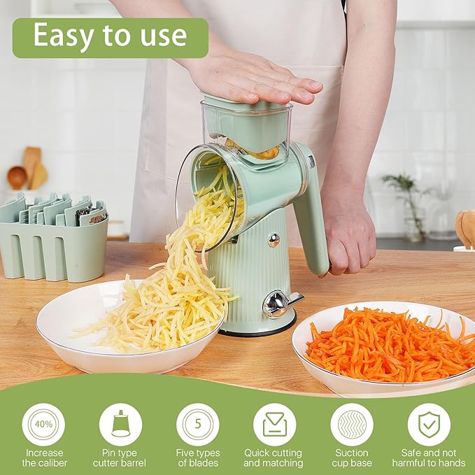 5 in 1 Rotary Cheese Grater Vegetable Slicer - Drum Mandoline Chopper for Kitchen, Easy to Clean with Storage Container