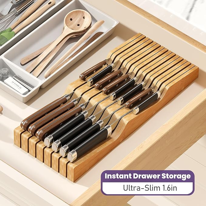 Bamboo In-Drawer Knife Block for 15 Knives(Not Included), Knife Drawer Organizer,Knife Holder Countertop,Block Knife Storage Organizer for Kitchen