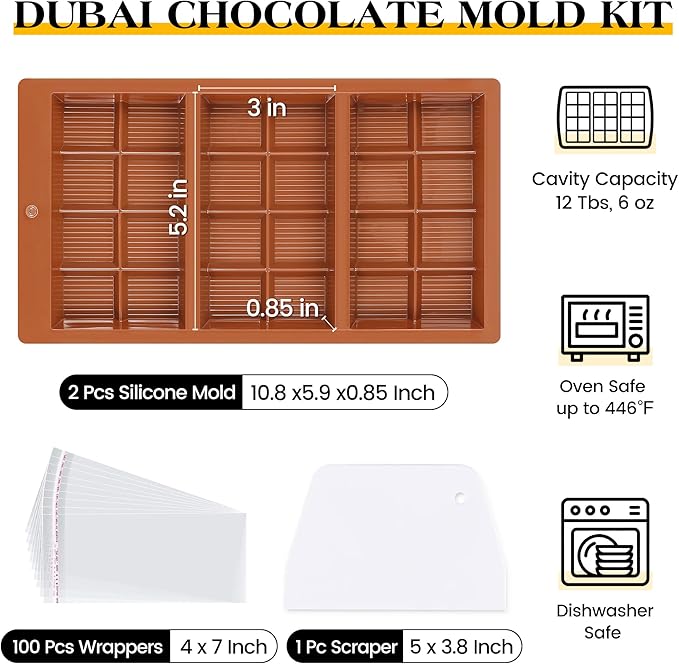 2 Pcs Chocolate Bar Mold Deep Dubai 0.85 Inch Stuffed Large Chocolate Molds Silicone Break Apart Thick Silicone Molds for Candy Bar, With 100 Pcs Wrappers and 1 Pc Scrapers Set (8 Snap）
