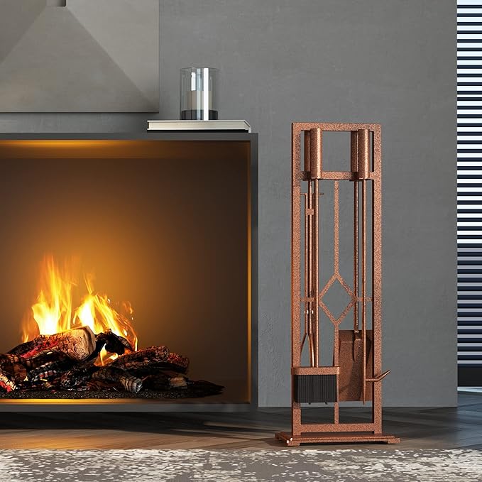 Fire Beauty 5 Pieces Fireplace Tools Set Wrought Iron Fire Place Pit Poker Holder(Antique Bronze)