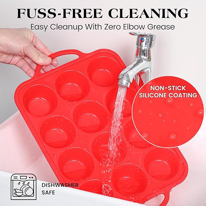 Regular 12 Cup and Mini 24 Cup Nonstick Cupcake Pan Set Silicone Muffin Pan for Baking Silicone Cupcake Mold with Metal Reinforced Frame BPA Free (2 Pcs, Red)