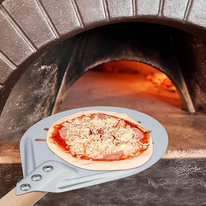 Pizza Turning Peel Perforated Pizza Turner Round Metal Aluminum Turning Peel Paddle with 16 Inch Anti-scalding Non-slip Durable Wooden Handle for Homemade Bread Bakers Oven Accessories(10 Inch)