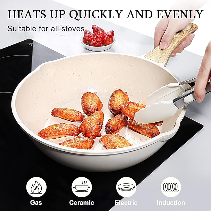 GiPP Ceramic Nonstick Deep Frying Pan Skillet, 12" Saute Pan with Lid, Induction Cookware Non Stick Cooking Pan, PTFE PFOA PFOS APEO Free,White