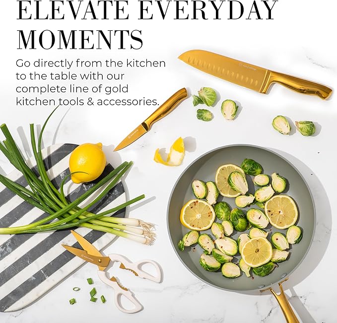Gold Knife Set for Kitchen with Block and Sharpener – 14-Piece Razor Sharp Titanium Gold Knives with Ashwood Block and Built-In Sharpener – Stylish Kitchen Accessories for Cooking and Prep