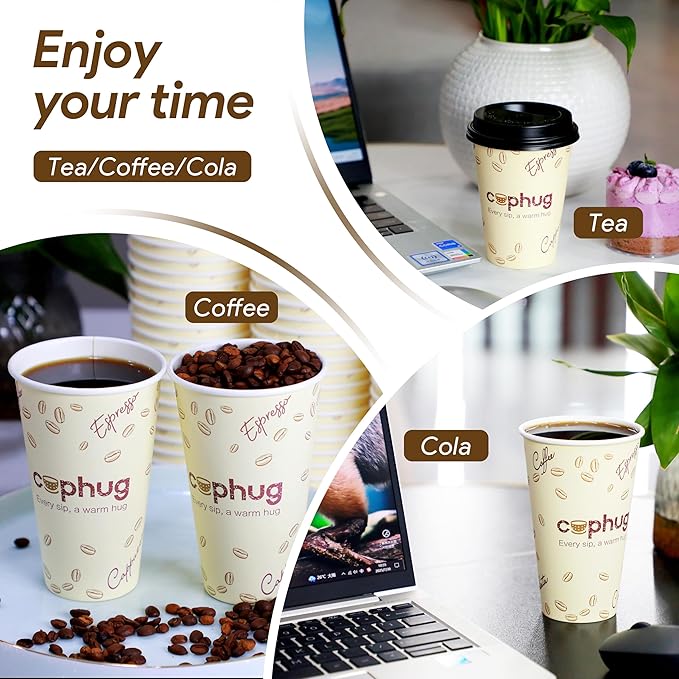 100 Pack 12 oz Coffee Cups,Disposable Hot Drink Paper Cups with Lids & Sleeves -12 Ounce Party Cups Perfect for Hot Beverages, Party, Office,and Home Use