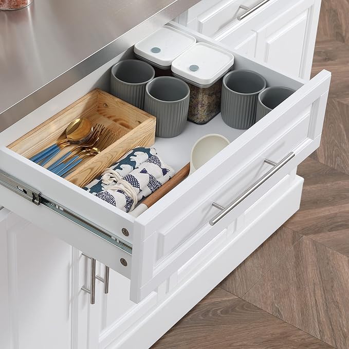 HOMCOM Rolling Kitchen Island Cart with Wheels, Portable Island Table for Kitchen with Stainless Steel Top, Adjustable Shelves, 2 Drawers, Spice, Knife and Towel Rack, White
