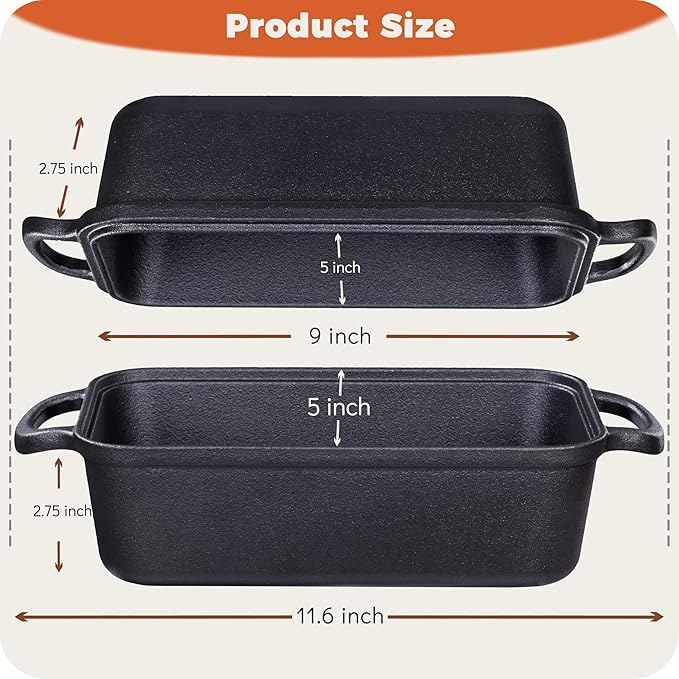 Cast Iron Bread Loaf Pan with Lid to Piece Set, Even Heat Distribution for Sourdough and Homemade Bread, Pre-Seasoned Heavy Duty Dutch Oven Bread Pan For a Crispy Crust (9x5 Inch)