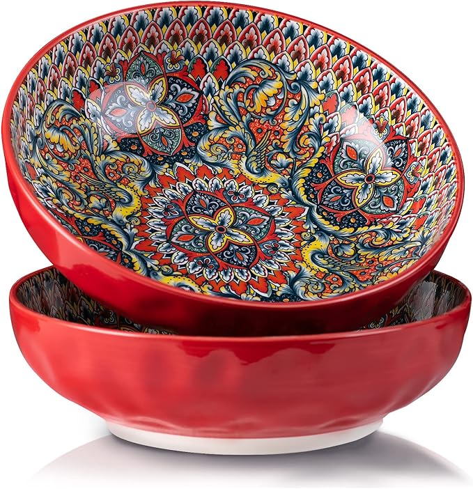 YUN TAO Large Serving Bowls,10 inch Porcelain Bowls, 75 Oz Capacity, Vibrant Red Hue - Microwave and Dishwasher Safe for Salad, Pasta, Entertaining and Party (Set of 2)