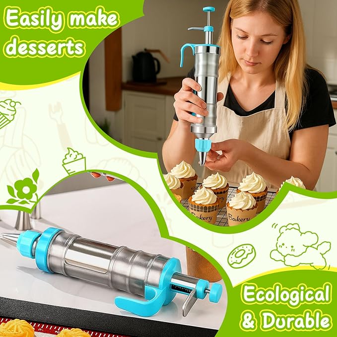 Novano Dessert Decorating Syringe Set, Frosting Piping Kit Stainless Steels Cake Decorating Kit with 6 Piping Tips & 9 silicone cupcakes, Cupcake Decorating Kit Piping Bags and Tips Set