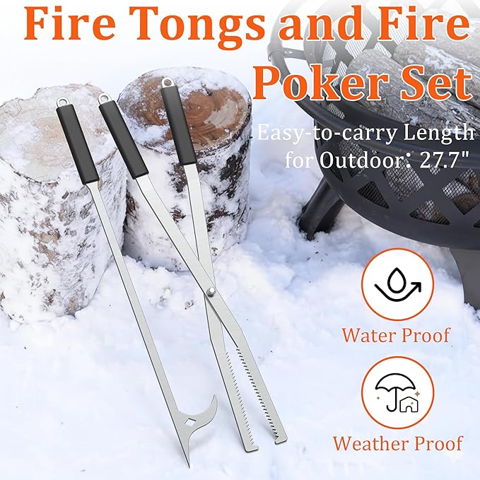 GARVIN Heavy Duty Fire Tongs & Poker Set, 27.7" Long-Handle Carbon Steel Log Grabber with Serrated Grip, Fire Tools Sets For Fire Pit & Fireplace, Wood Stoves, Campfires, Bonfires & BBQ Grills