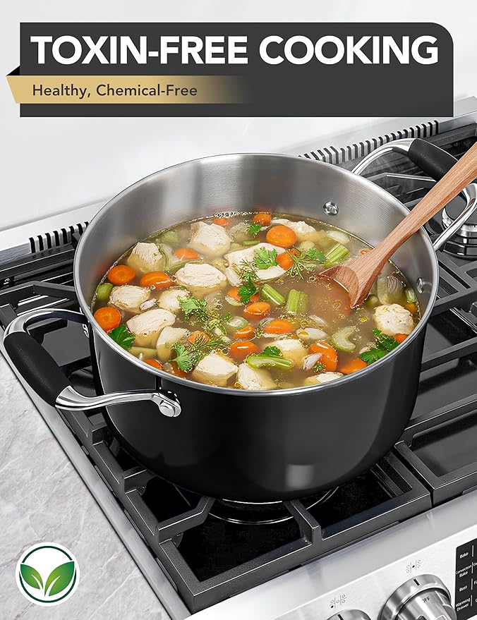 MICHELANGELO Stainless Steel Cooking Pot - 6 Quart Soup Pot with Lid, Non-Toxic Stockpot Induction Compatible, Oven & Dishwasher Safe, Black Exterior