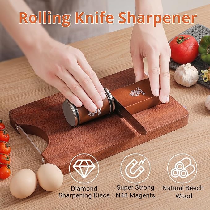 Professional Rolling Knife Sharpener Kit – Premium Diamond & Ceramic Discs, Adjustable 15°/20° Angles, Includes Leather Strop for Effortless Kitchen Knives Sharpening
