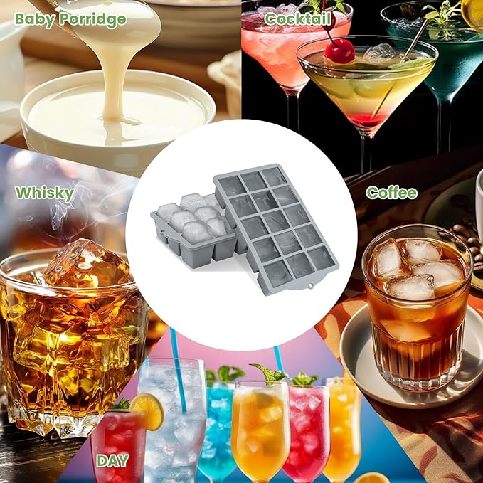 Silicone Ice Cube Tray, 2 Pack Easy-Release Stackable Ice Trays for Freezer with Lid 15 Reusable Cubes, Food Grade BPA Free Ice Molds for Whiskey, Baby Food, Coffee, Cocktail (Grey+Green)