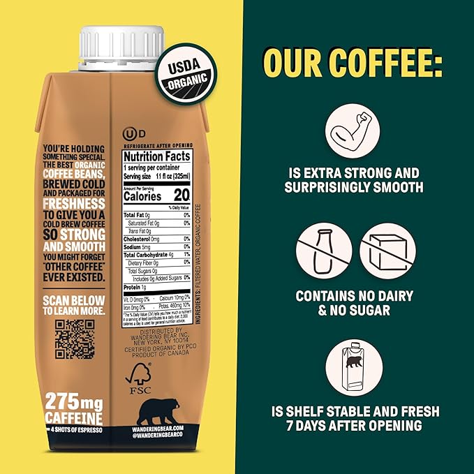 Wandering Bear Straight Black Organic Cold Brew Coffee On-the-Go - Extra Strong, Bold, Smooth, Unsweetened, Shelf-Stable, Ready to Drink, 100% Organic Iced Cold Brewed Coffee Drink -11 fl oz, 12 pack