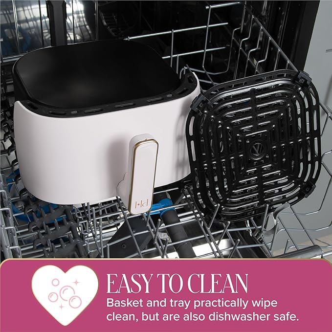 Paris Hilton Air Fryer, Large 6-Quart Capacity, Nonstick Made without PFAS, Touchscreen Display, 8-in-1 (Air Fry, Roast, Broil, Bake, Reheat, Keep Warm, Pizza, Dehydrate), Dishwasher Safe, White