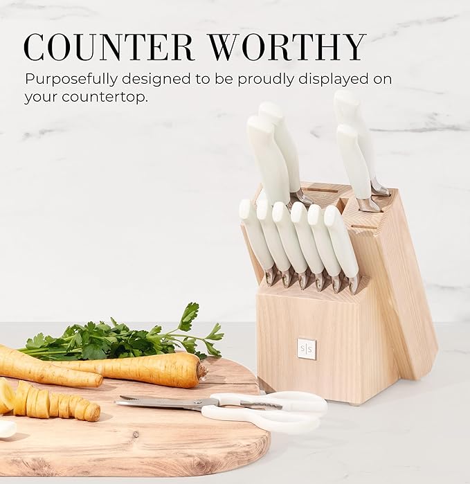 Styled Settings White Knife Set with Block and Sharpener – 14-Piece High Carbon Stainless Steel Knives with Ashwood Block and Built-In Sharpener – Durable White Kitchen Accessories for Cooking