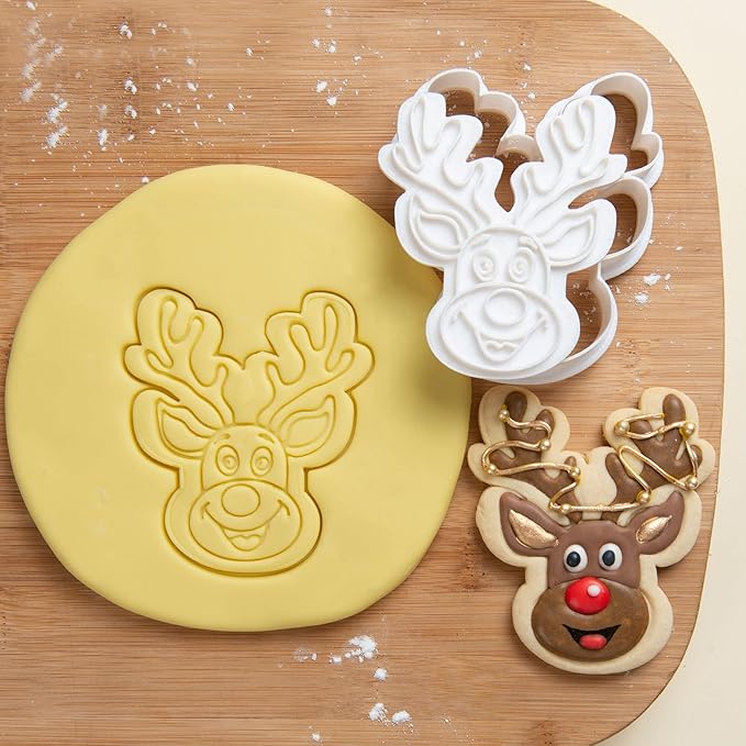 Flycalf Christmas Cookie Cutters Reindeer Shapes with Plunger Stamps Holiday PLA Baking Accessories Cutter Molds Gifts Decorative Party 3.5" Kitchen Cake Supplies