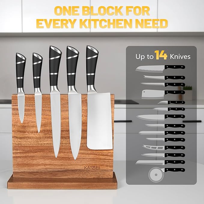 KASSEL Magnetic Knife Block with Knife Sharpener | Double-Sided Acacia Wood Magnetic Knife Holder | Kitchen Knife Display Stand for Countertops | Strong Magnet Knife Holder