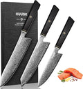 Huusk Damascus Kitchen Knife Set - 3 PCS Chef Knife Set Professional, Razor Sharp 67 Layers Damascus Japanese Knives Set for Kitchen with Wood Handle, Ideal Gift for Dad