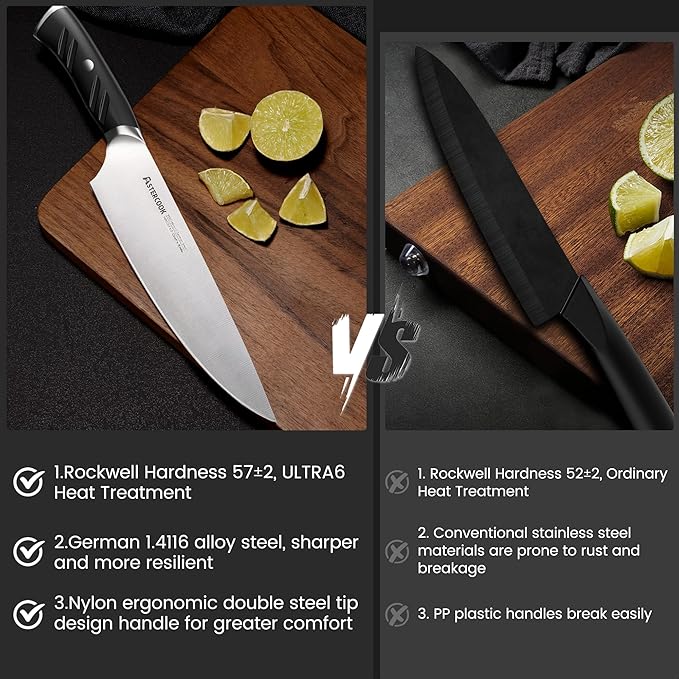 Astercook Kitchen Knife Set, 15 Piece Knife Block Sets with German 1.4116 Steel Sharper and Rust Proof, Full Tang Knives Set with Ergonomic Nylon Handle, Dishwasher Safe Black