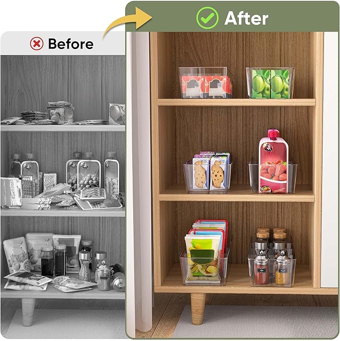 BALEINE Pantry Organizers and Storage Bins, Plastic Clear Storage Bins with 3 Removable Dividers, BPA-Free Fridge Organizers for Kitchen Cabinet Bathroom (10.5x6.1x3.5, 6PK)