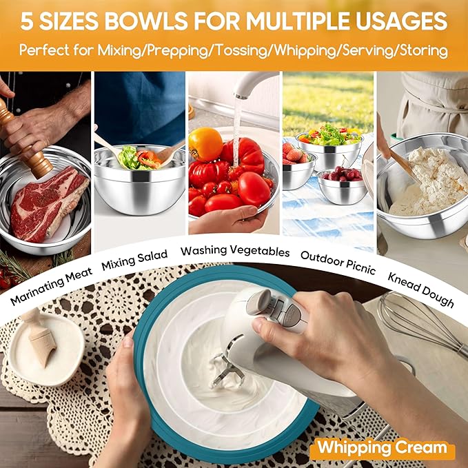 Herogo 5-Piece Mixing Bowls with Visible Lids, 3 Grater Attachments, Stainless Steel Salad Serving Bowls for Kitchen, 4.6/3.5/2.5/2/1.5 QT Ideal for Prepping & Cooking, Colorful