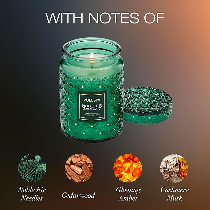 Voluspa Noble Fir Garland, Large Candle Jar, 18oz, Coconut Wax Blend, Christmas Scented Candles for Home, 100 Hour Burn Time, Poured in the USA