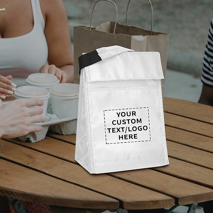DISCOUNT PROMOS 10 Hook and Loop Insulated Lunch Bags Set - Customizable Text, Logo - Polyester, Durable, Vibrant, Reusable - White