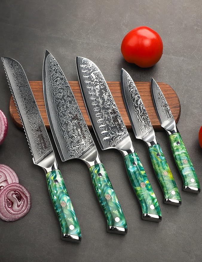 Chef Cooking Knives Set- Kitchen Knife Set of 5 Piece - Ultra-Sharp VG10 Damascus Steel & Resin Handle - Xuan Series (Jade Green)