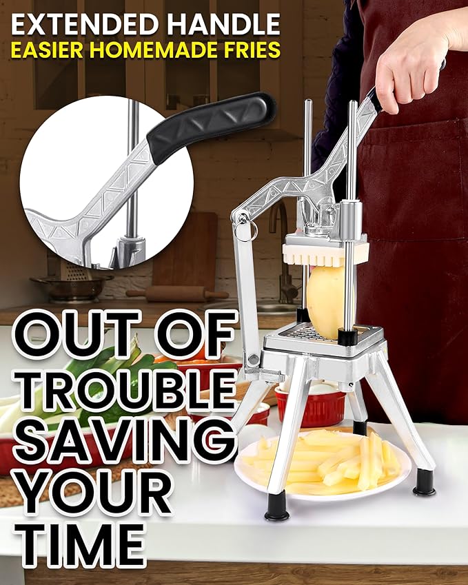 French Fry Cutter Commercial Potato Chopper Stainless Steel Vegetable Dicer Fruit Slicer for Onion,Cabbage,Carrots,Potato,Mushroom,with 4 Blades(1/4",3/8",1/2",8 wedge slice)