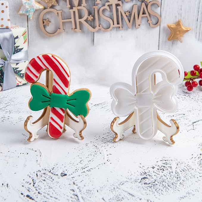 Flycalf Christmas Cookie Cutters Candy Cane Shapes with Plunger Stamps Holiday PLA Baking Accessories Cutter Molds Gifts Decorative Party 3" Kitchen Cake Supplies