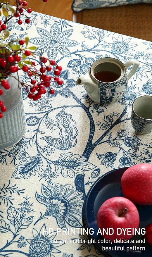 ISAENNE Designer French Linen Tablecloth Rectangular,Blue Floral Washable Indoor Table Cloth,Durable Home Decor Tablecloths for Dining Thanksgiving Kitchen Party Christmas,55"*87"-Ruyi B