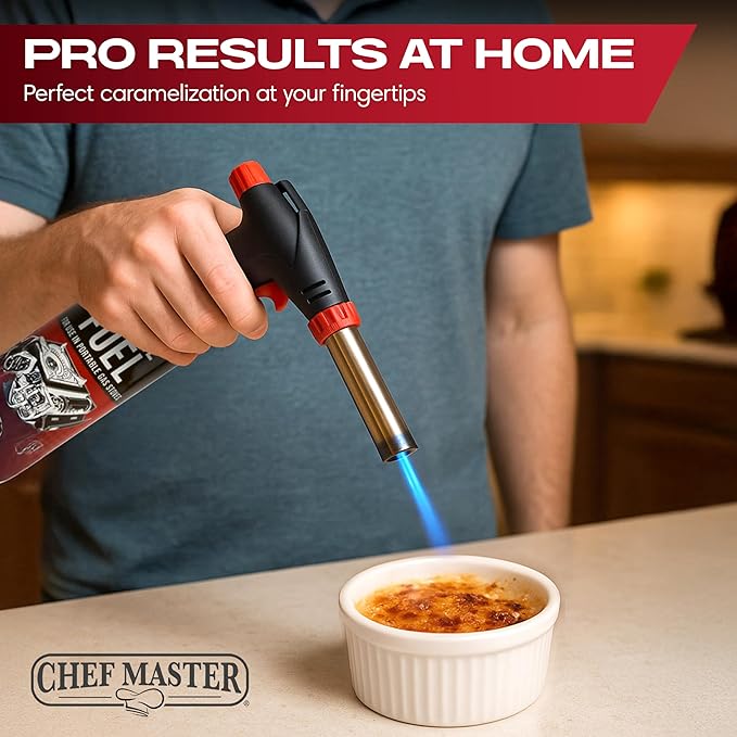 Butane Torch Lighter w/ 4 x 8oz. Butane Fuel Tin Canister Combo, Refillable Kitchen Torch & Adjustable Flame Cooking Torcher for Creme Brulee, Dessert, Meats, Indoor & Outdoor BBQ by Chef Master 90022