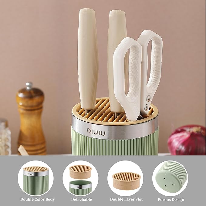 Knife Block without Knives, OLULU Universal Round Knife Block Holder, Spacing Saving Knife Storage Organizer Stand Rack for Countertop (Stylish Green+Yellow Color)