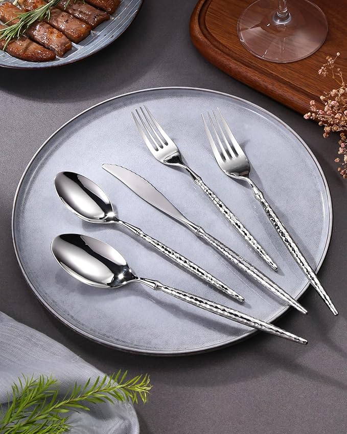 Lemeya 20-Piece Hammered Silverware Set,18/10 Stainless Steel Forging Heavy Duty Cutlery Set for 4, Luxury Unique Flatware Set,Spoons and Forks Set,Mirror Polished,Dishwasher Safe
