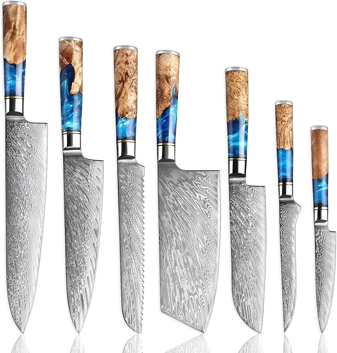 SENKEN 7-Piece Damascus Kitchen Knife Set - Tsunami Collection - 67-Layer Japanese VG10 Steel - Chef's Knife, Cleaver, Santoku, Bread, Boning, & More