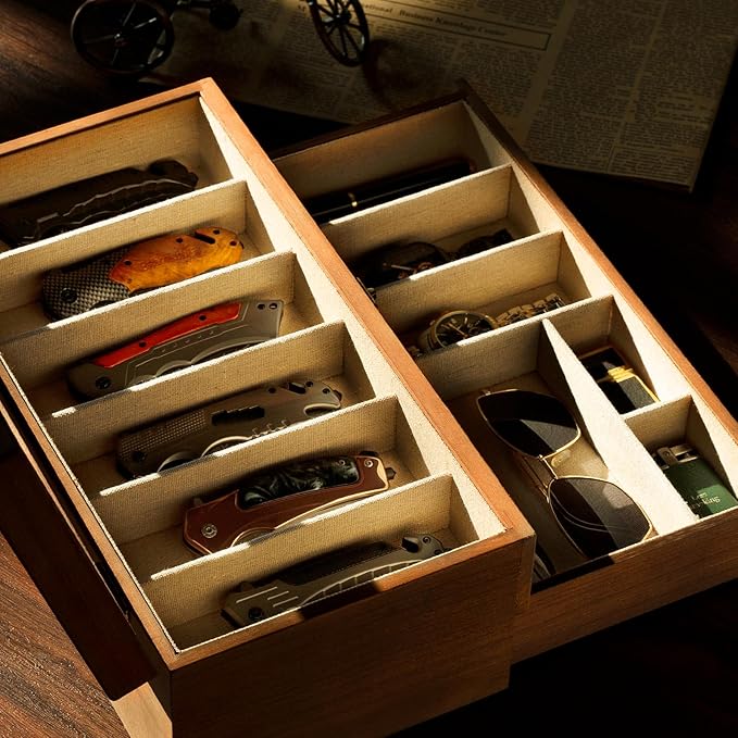 Knife Display Case, 2-Layer Pocket Knife Case Display & Storage Knives, Solid Wood Knife Case for Collections, Gift for Boyfriend Fathers Day Birthday Gifts((Walnut)