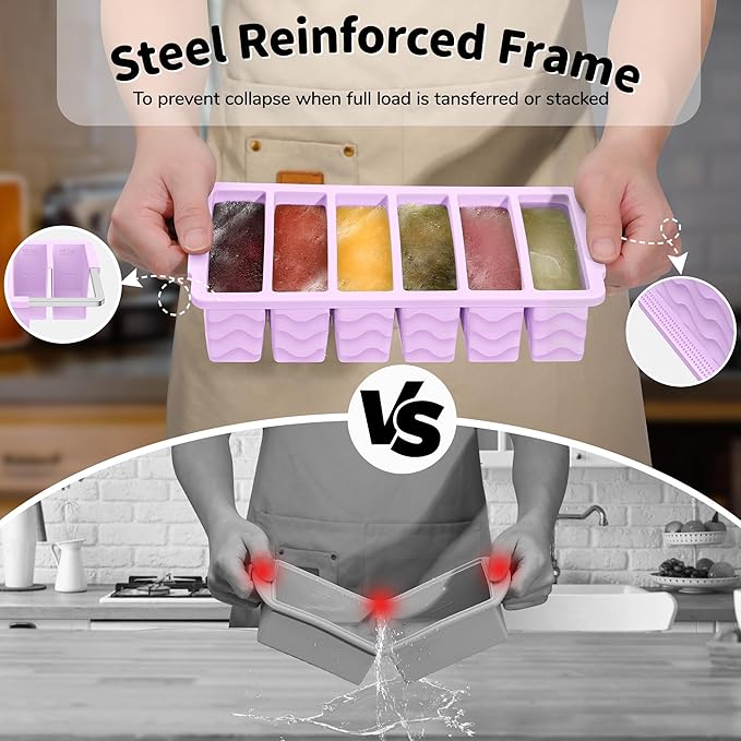 2-Pack Silicone Freezer Trays with Lid, 2 Large 2-Cup(500ml) & 6 Small 1/2-Cup(125ml) Soup Freezer Container Molds, Ice Cube Tray For Meal Prep & Freezing Soup, Stews, Sauces, Oven & Dishwasher-Safe